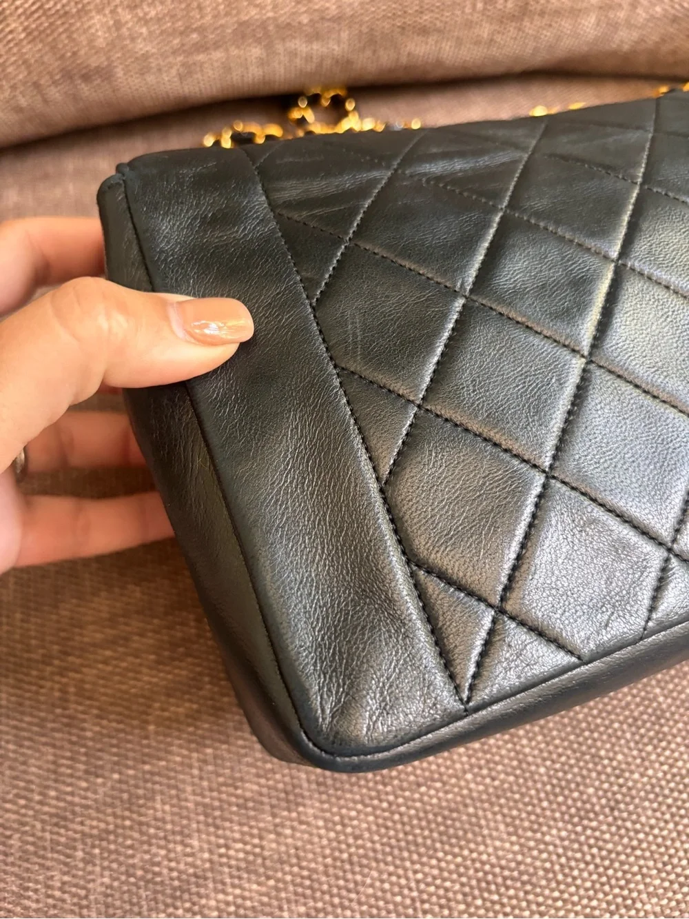 Authentic CHANEL Rare 24k gold black lambskin leather Diana bag